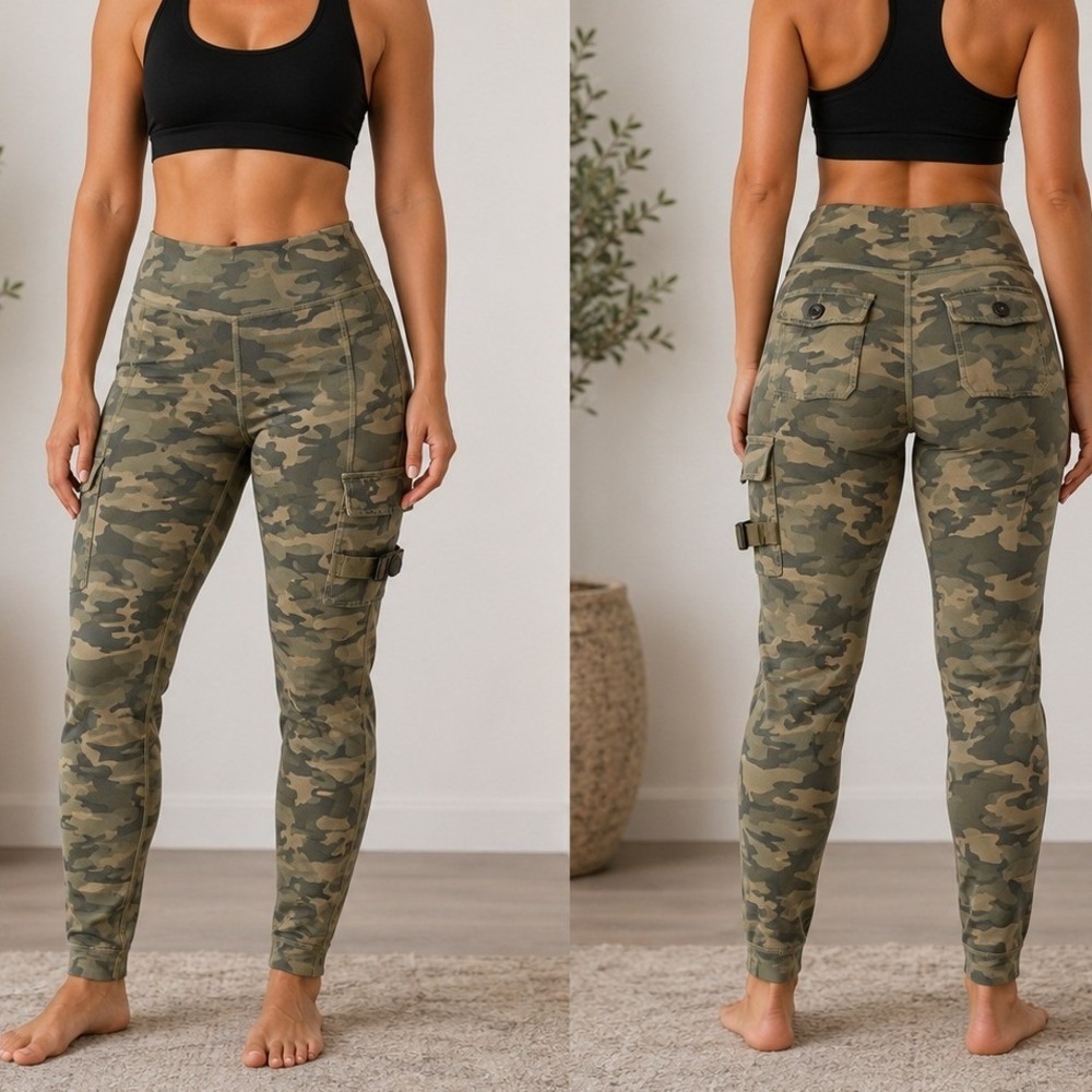 Firm Abs Women Camo Cargo Leggings High Waist Green Camouflage 12-14 Yoga Pants